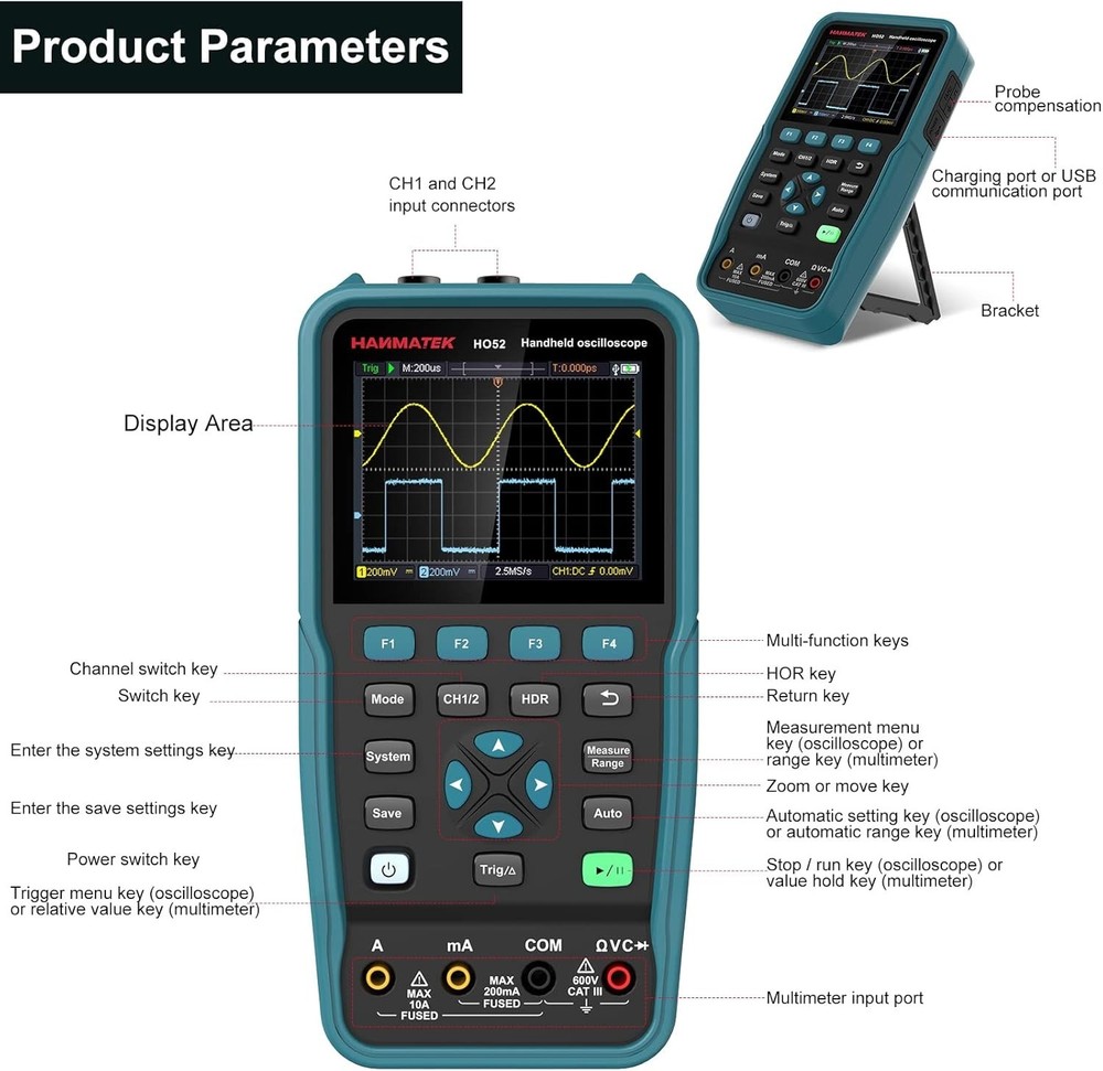 Mini Digital Oscilloscope with 2 Channels and Cursor Measurement Functionality