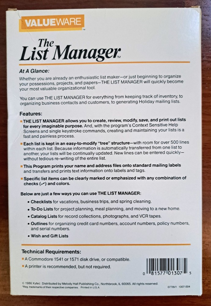 The List Manager, Commodore 64 & 128, 1986, Diskette, Vintage Software