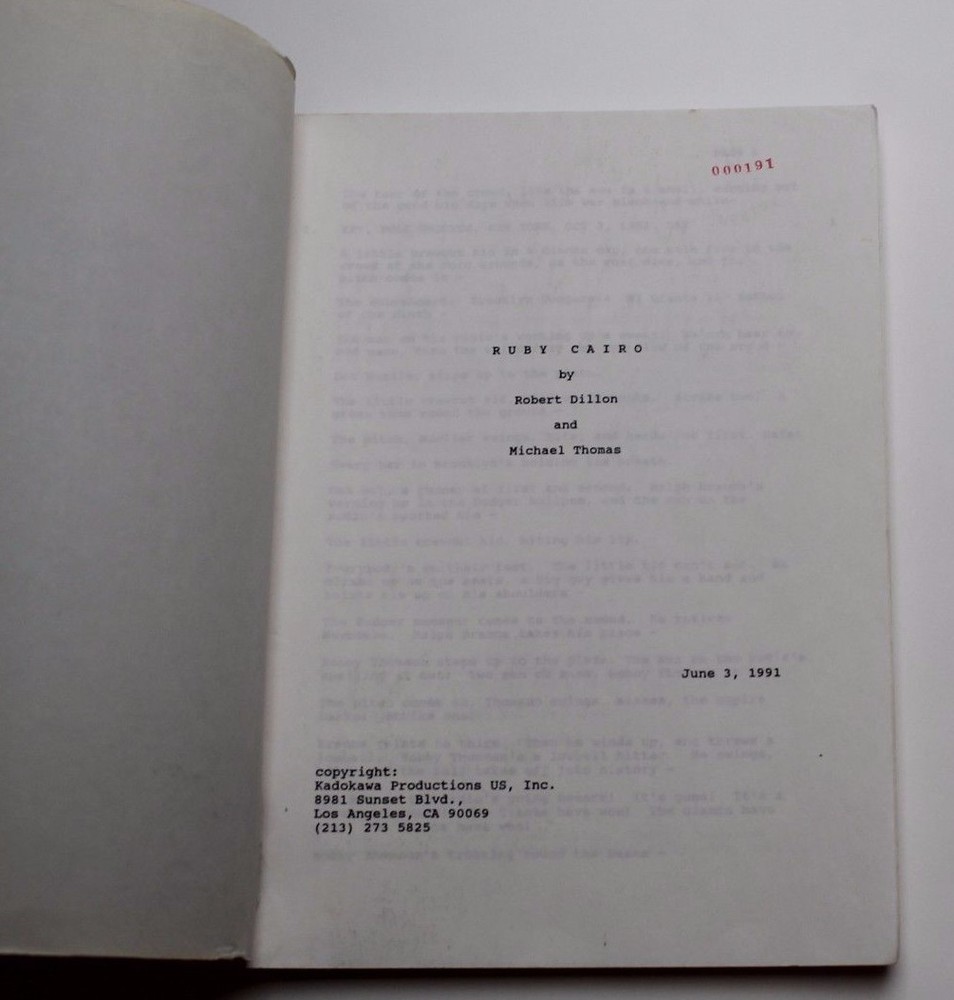 RUBY CAIRO / Robert Dillon 1991 Screenplay, LIAM NEESON suspicious plane crash