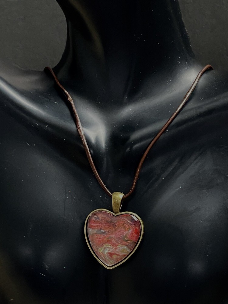 Acrylic Pour Heart Pendant  On A Leather Cord