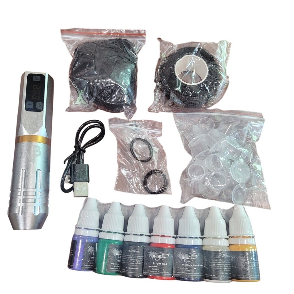 Wireless Tattoo Machine Kit, 20 Needles, 7 Inks, Cups, Covers, Paper, Skins