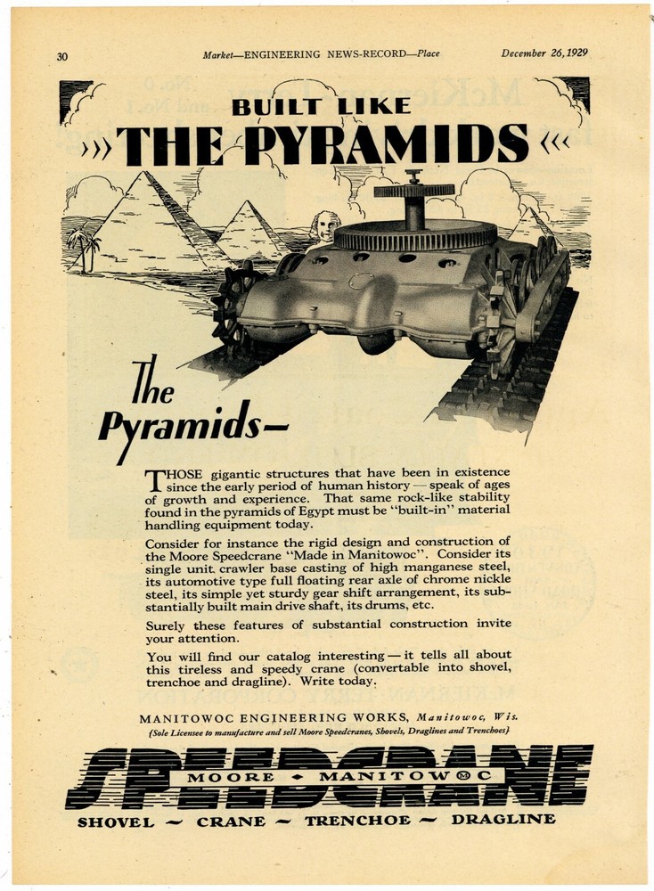 1929 Speed Crane Ad: Manitowoc Engineering Works - Built Like the Pyramids