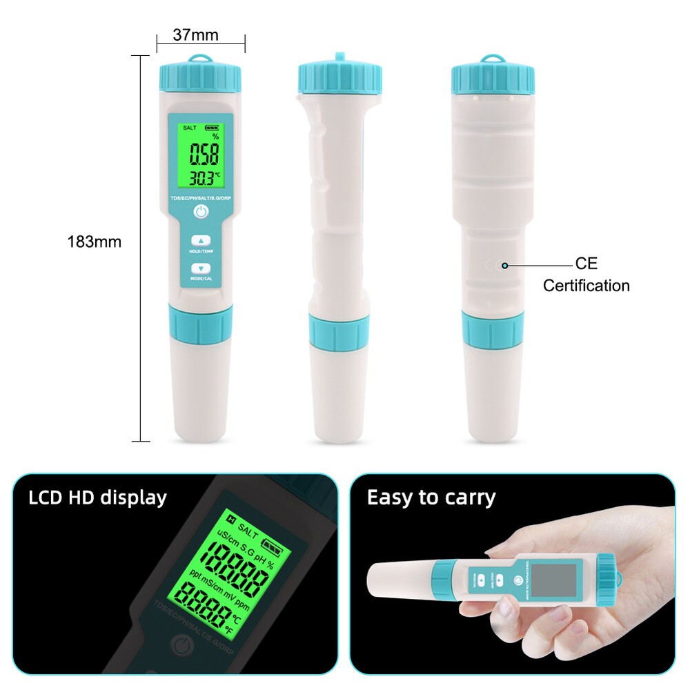 Digital LCD PH/TDS/EC/ORP/TEMP/SG/Salinity Water Quality Tester Meter Pen Kits