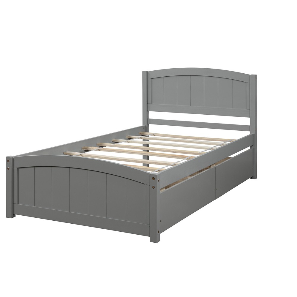 Twin Size Bed Frame Wood Platform Bed with Headboard & 2 Drawer Gray/Espresso