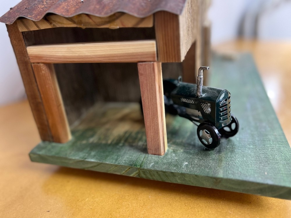 Handcrafted Rustic Barn Birdhouse with Tractor