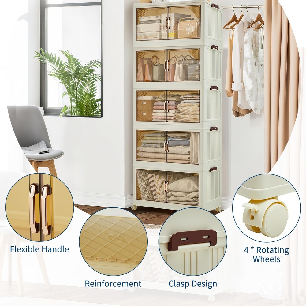 240QT Stackable Storage Bins, Folding Storage with Magnetic Doors & Wheels, L...