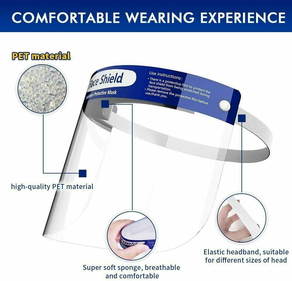 10 Pack Reusable Face Shield Adjustable, Elastic Headband Clear Visor Adults.