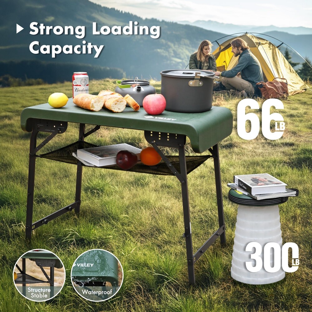 VILLEY Portable Table Stools Set 2.37ft Folding Camping Table Collapsible Stools