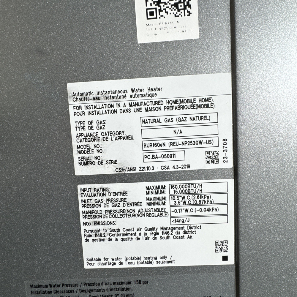 Rinnai RUR160eN Tankless Water Heater 160k BTU Outdoor Natural Gas (B-2 #1816)