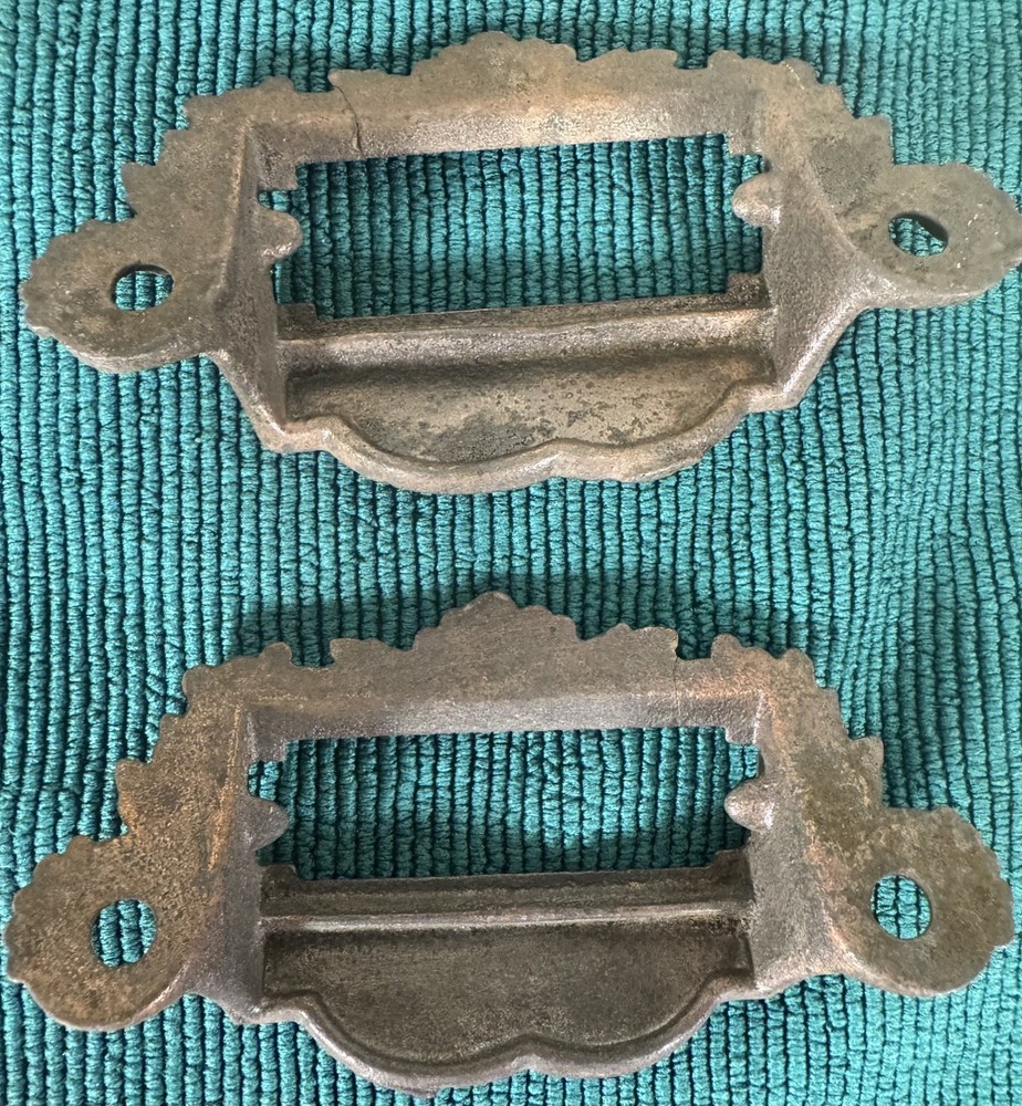 Antique Victorian Cast Iron Apothecary Drawer Bin Pull / Handle Label Vintage 10