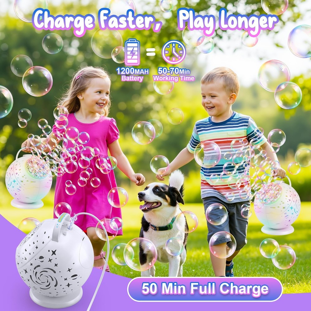 Bubble Machine with Remote Control, 360° Automatic Rotation & 7 RGB Lights