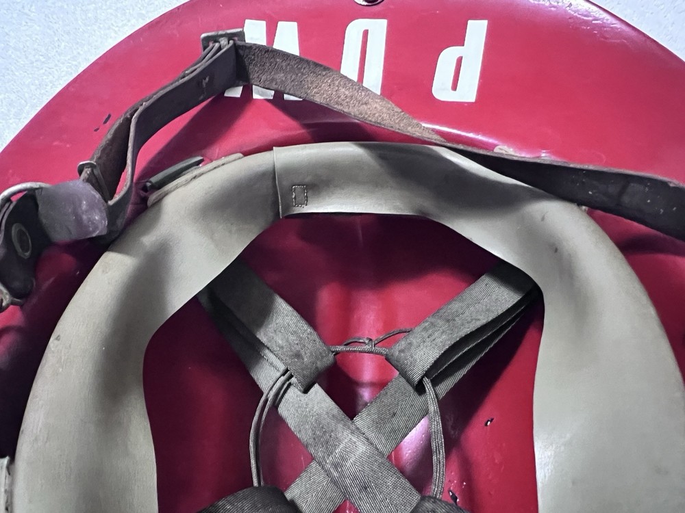 VTG MSA Fireman’s Helmet Red with original adjustable strap.