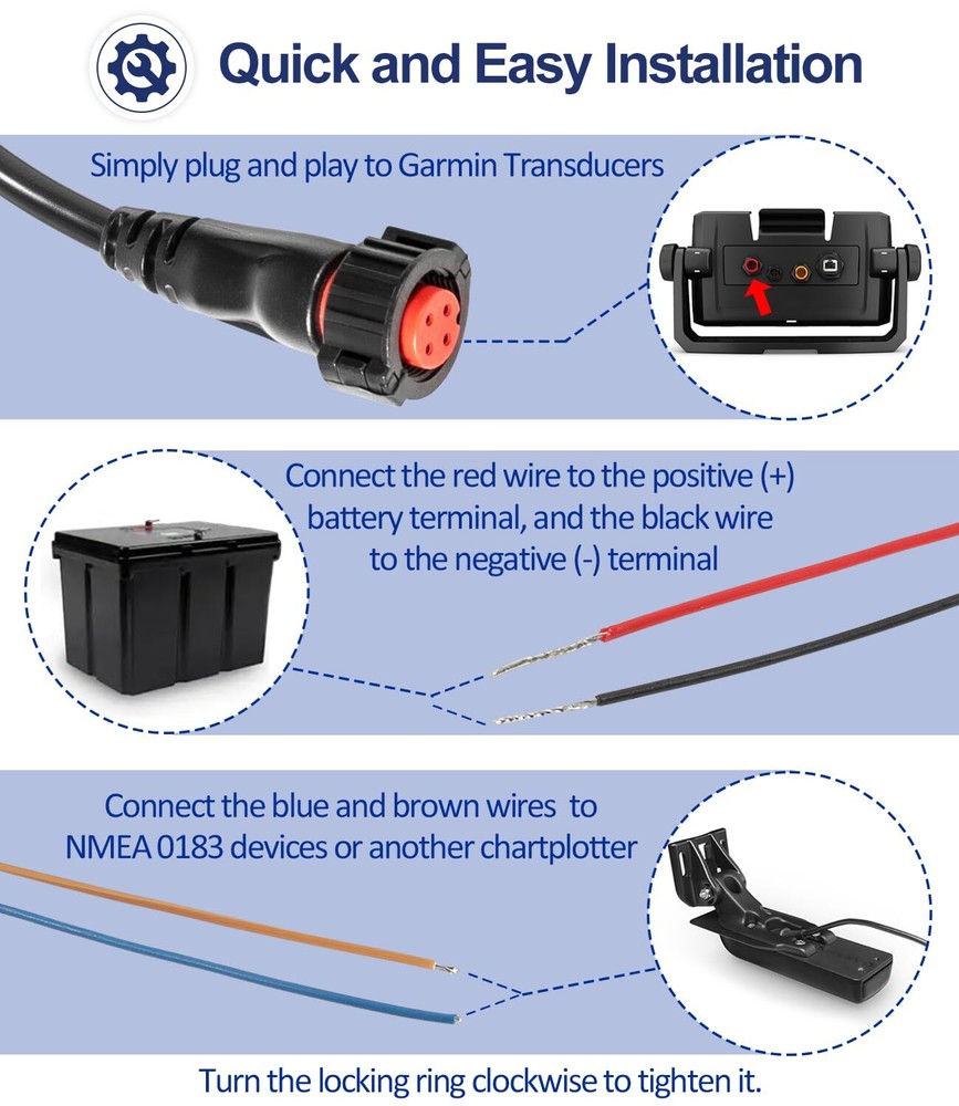 For Garmin Transducers echoMAP 010-12445-00 Power/Data Cable Threaded 4-Pin