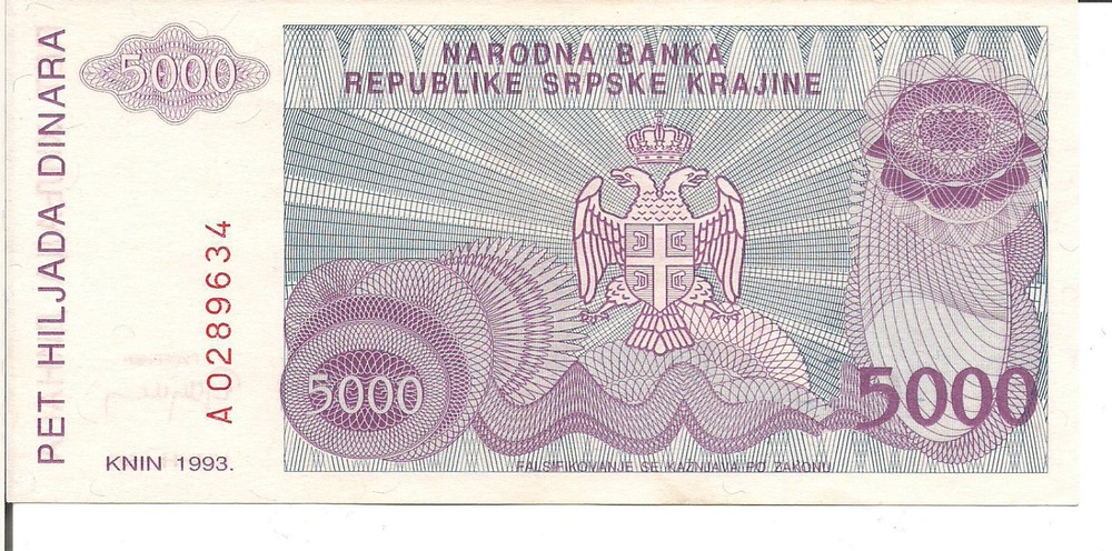 CROATIA, 5000 DINARA, 1993, UNC