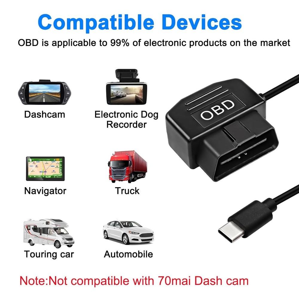 Type C OBD Power Cable for Dash Cam - 24-Hour Surveillance, 3.5M
