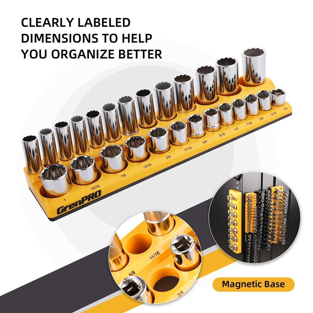Socket Organizer for Tool Box Drawer, 6pc 143 Metric & SAE Magnetic Socket Ho...