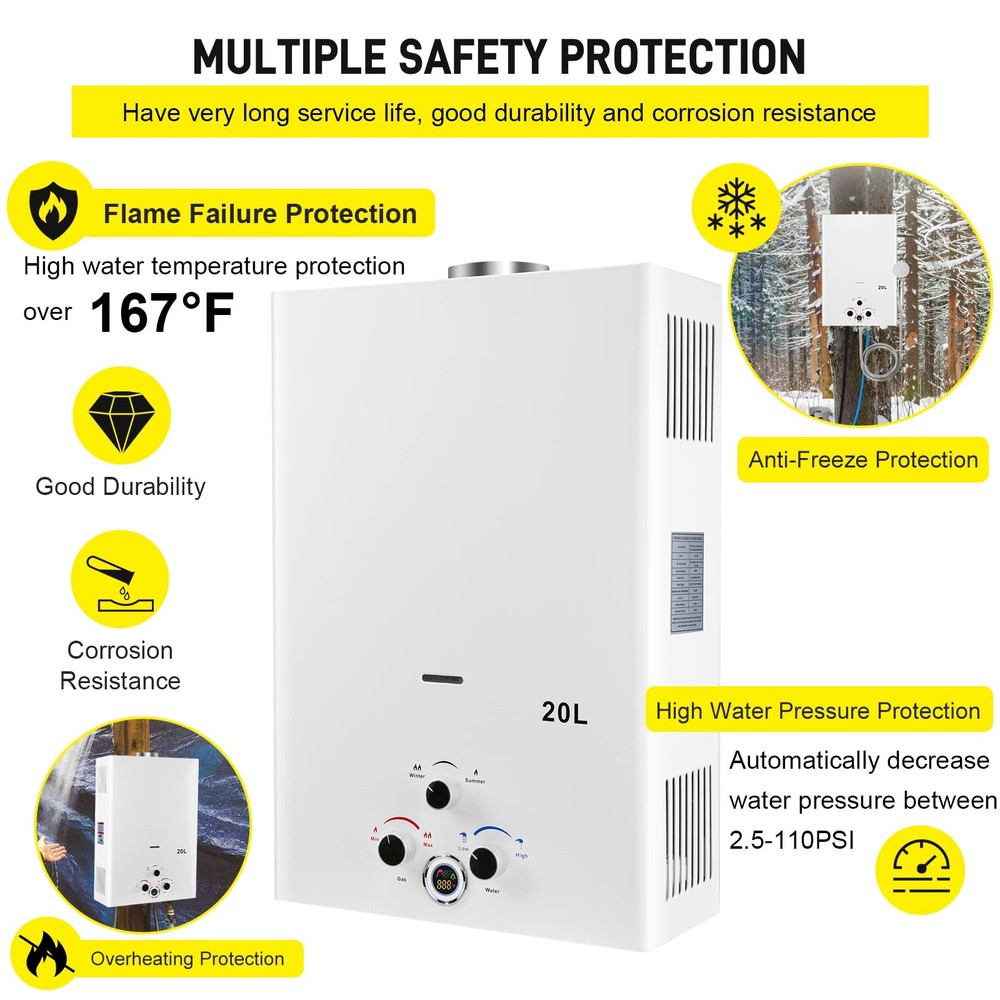Tankless Water Heater Propane 5.26GPM 20L Outdoor Portable Gas Hot Water Heat...