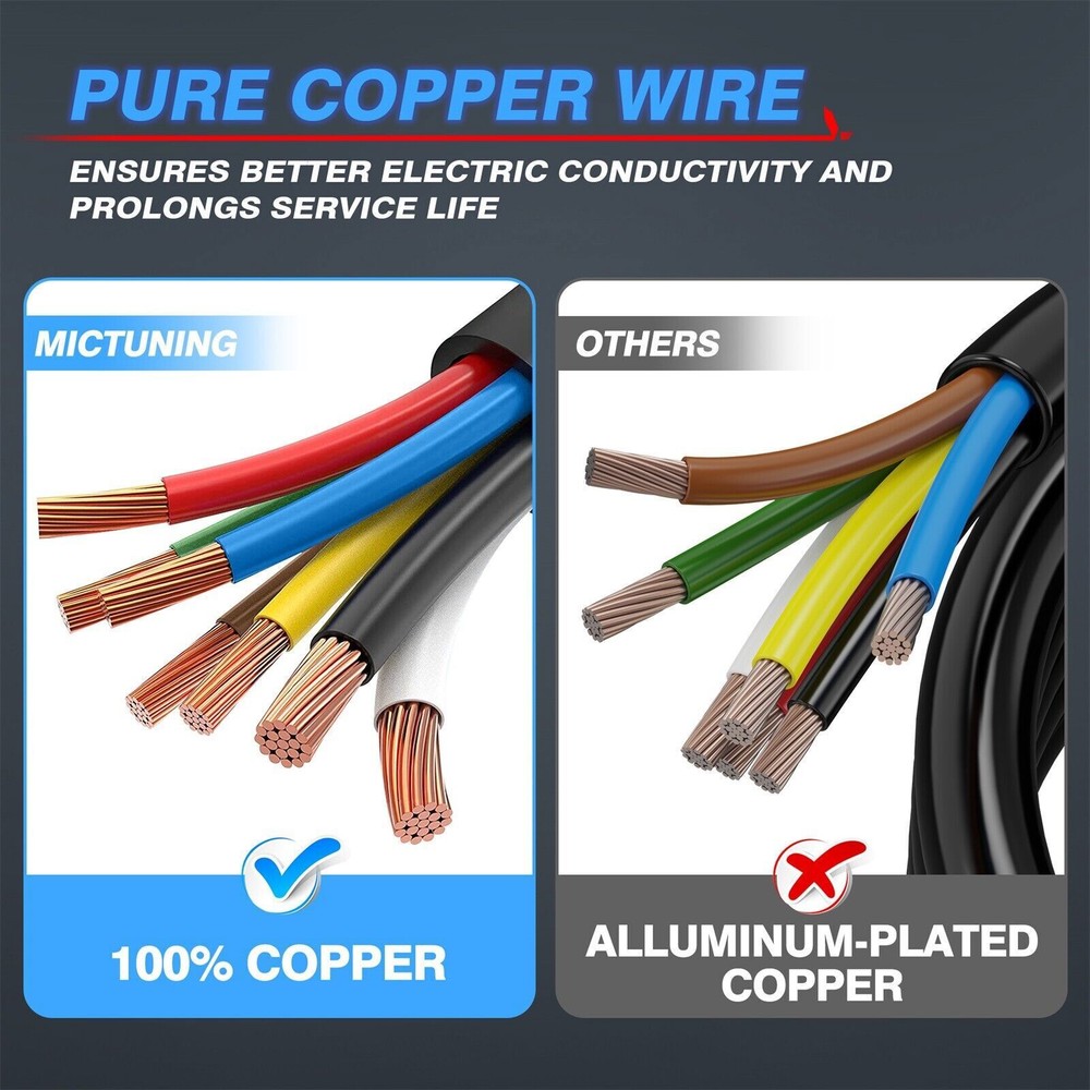 MICTUNING 8ft Trailer Cord 7 Way Plug Inline Junction Box 7-Pole Wiring Harness