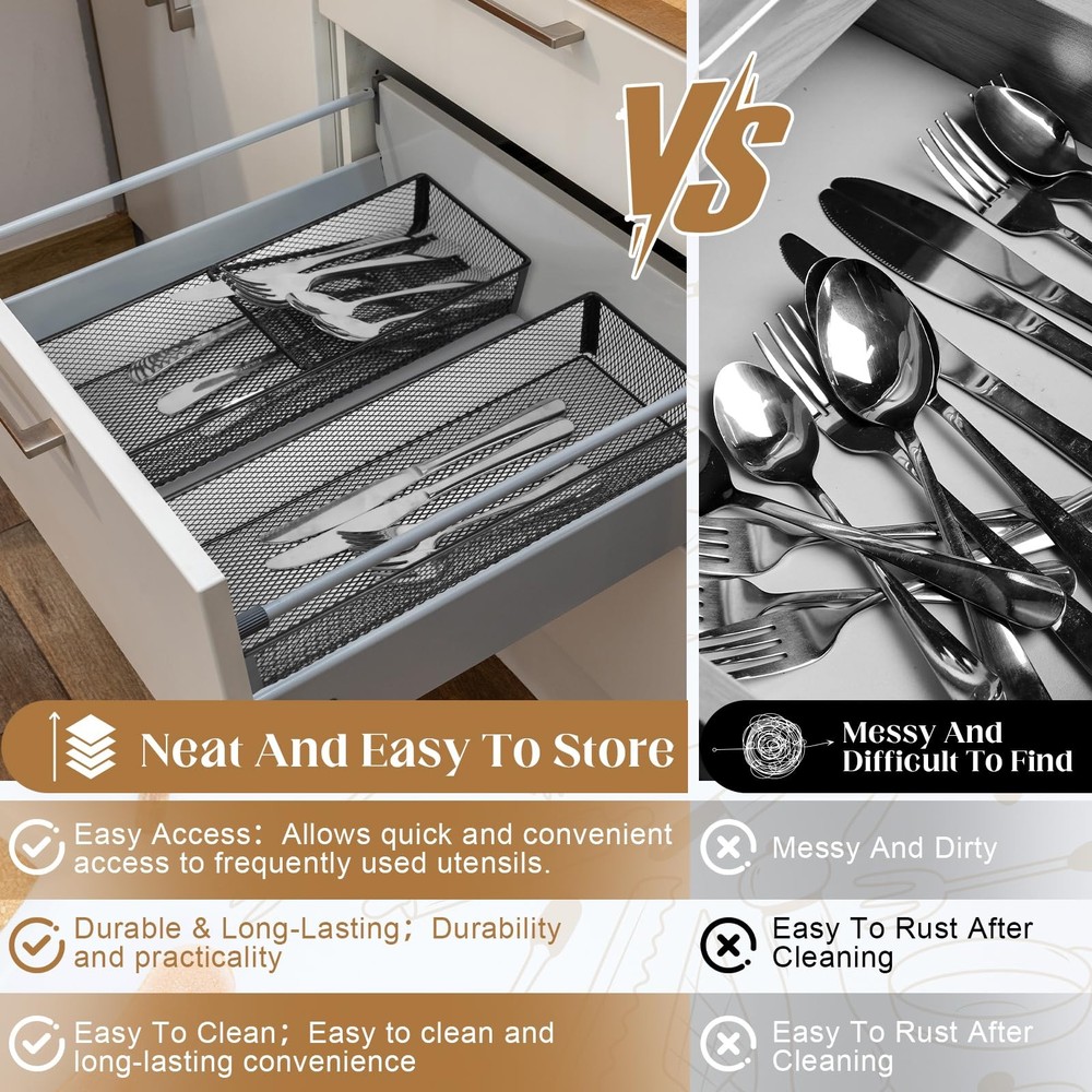 DOSTATNI 2 Pcs Mesh Silverware Drawer Organizer Cutlery Black