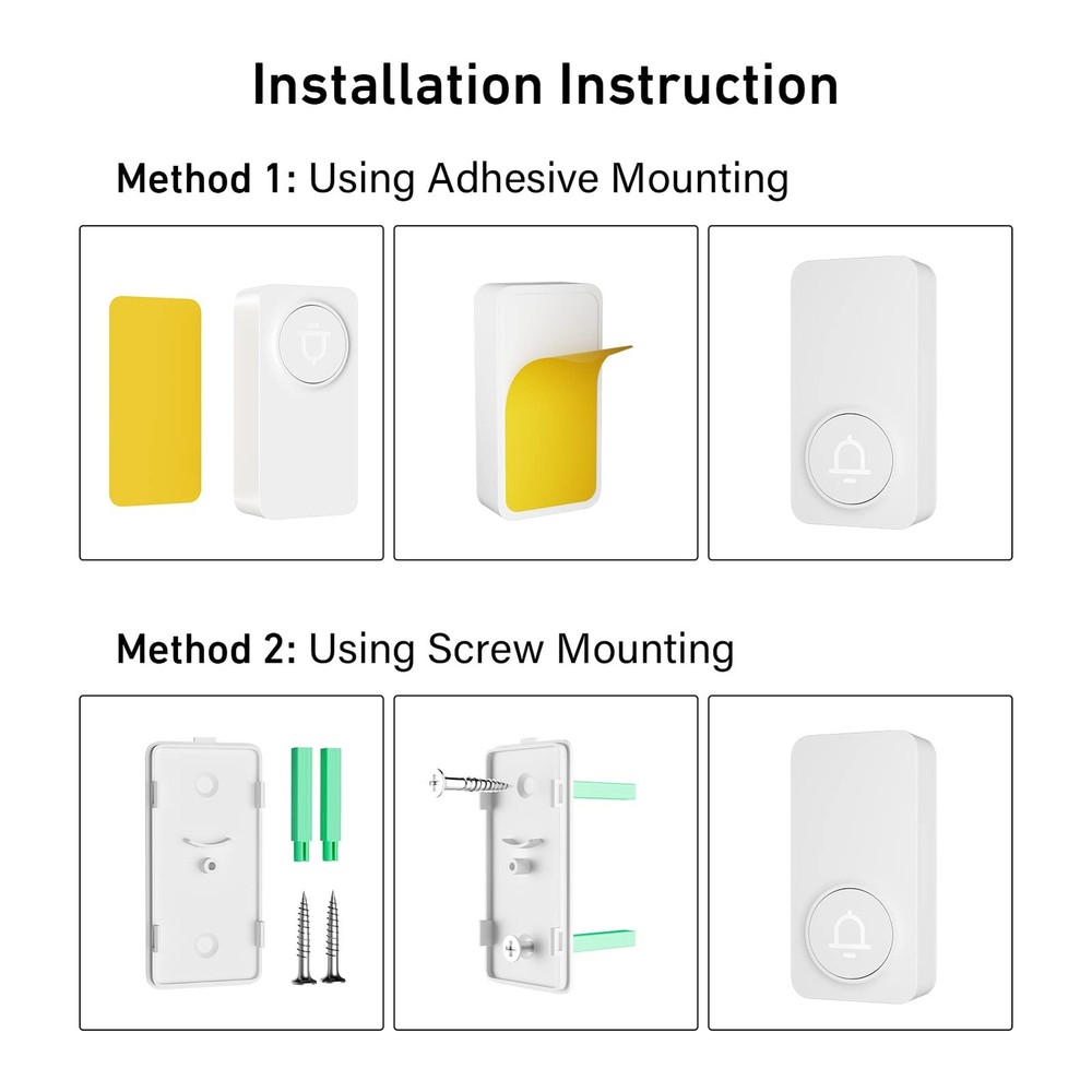 Wireless Doorbell 2 Buttons - Hassle-Installation, 1000ft Range, Adjustable V...