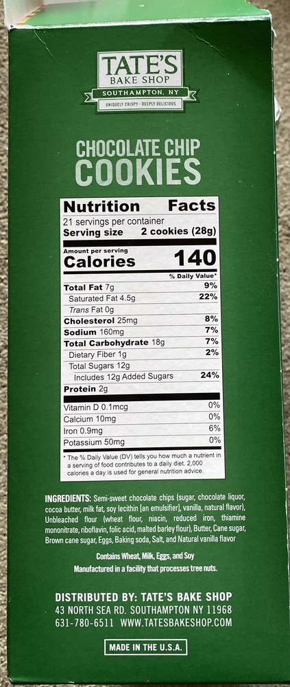Tate's Bake Shop Chocolate Chip Cookies Large 21 oz Box Thin Crispy Scrumptious