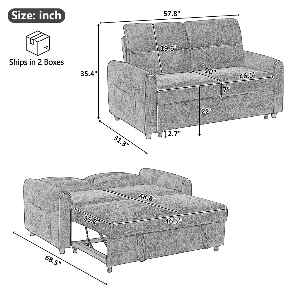 Chenille Sofa Bed Pull Out Sleeper w/ USB Charging, 3-Position Backrest Black