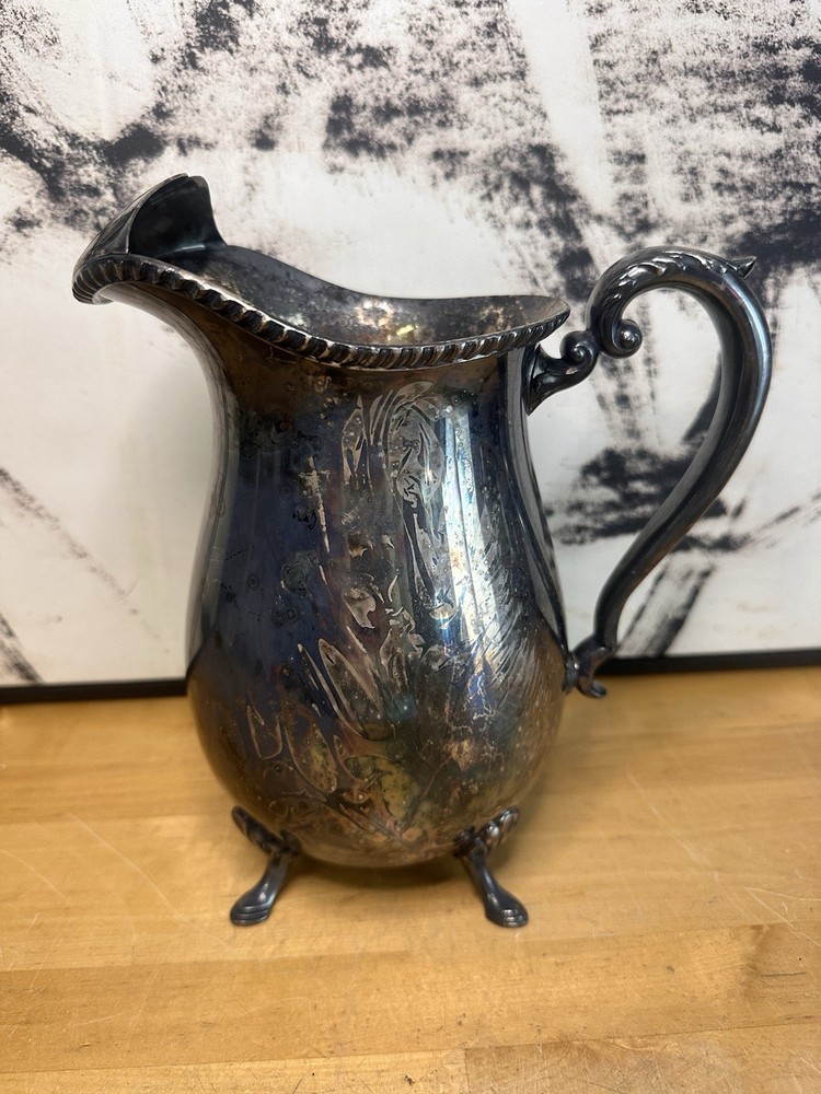 Vintage Silver Plate Water Pitcher 9" Footed with Ice Guard