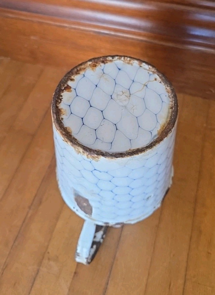 Antique PA Dutch Chicken Wire Pitcher Pourer Jug Enamelware Graniteware 7.5"