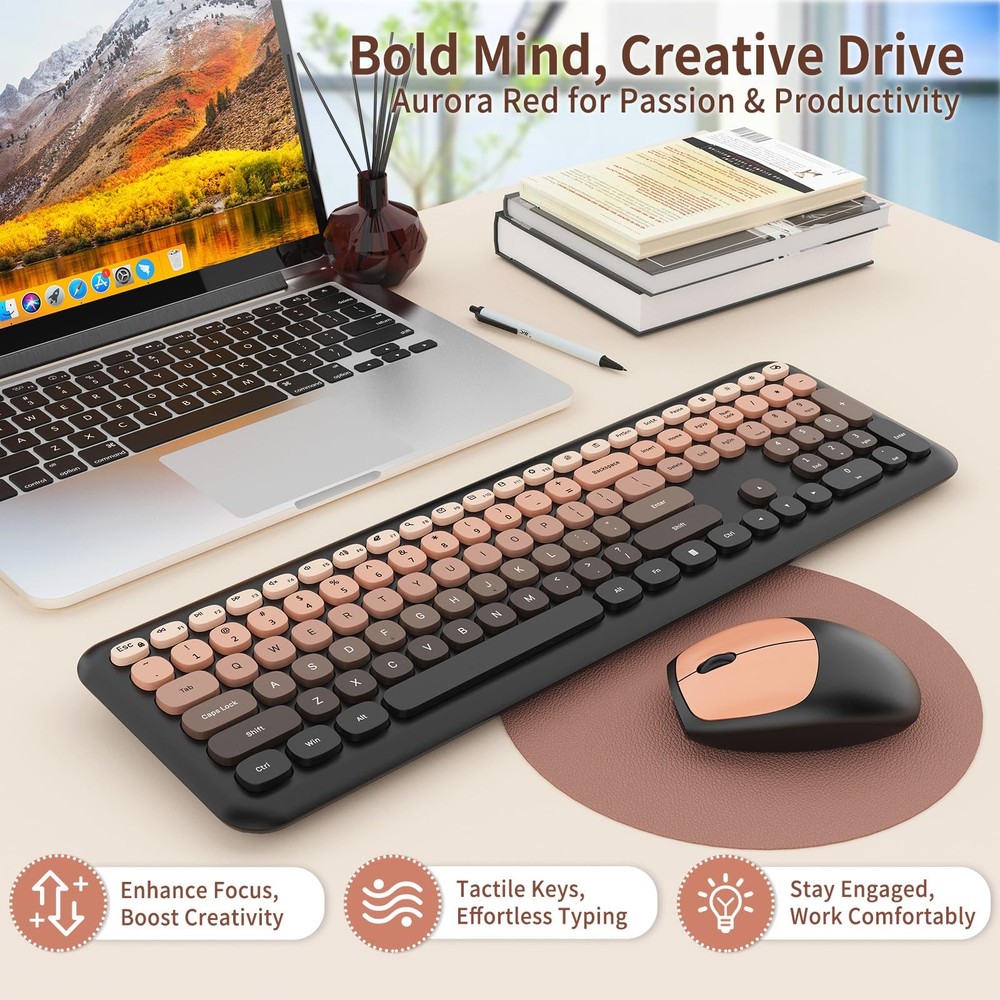 Wireless Keyboard Mouse Combo FullSize Retro Typewriter Round Keycaps Red Set
