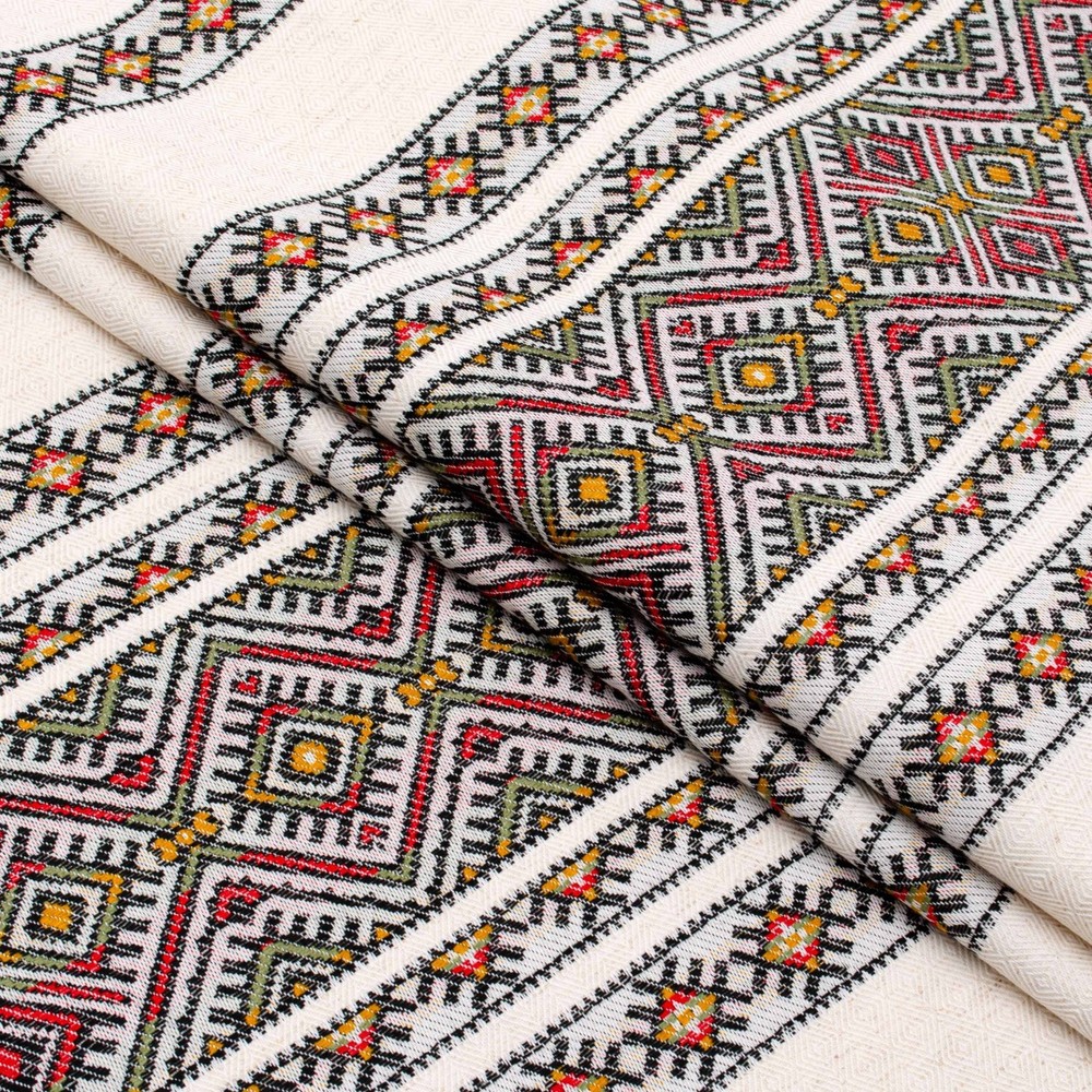 Ukrainian Decorative woven Tablecloth Beige Red Green Rustic Hutsul pattern