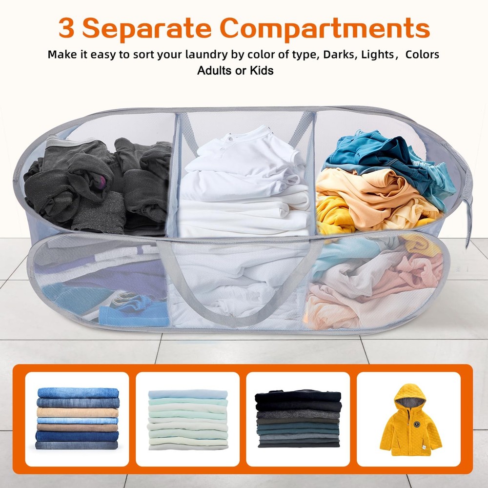 Durable Collapsible Foldable Pop Up Laundry Hamper Sturdy 3 Compartments Hand...