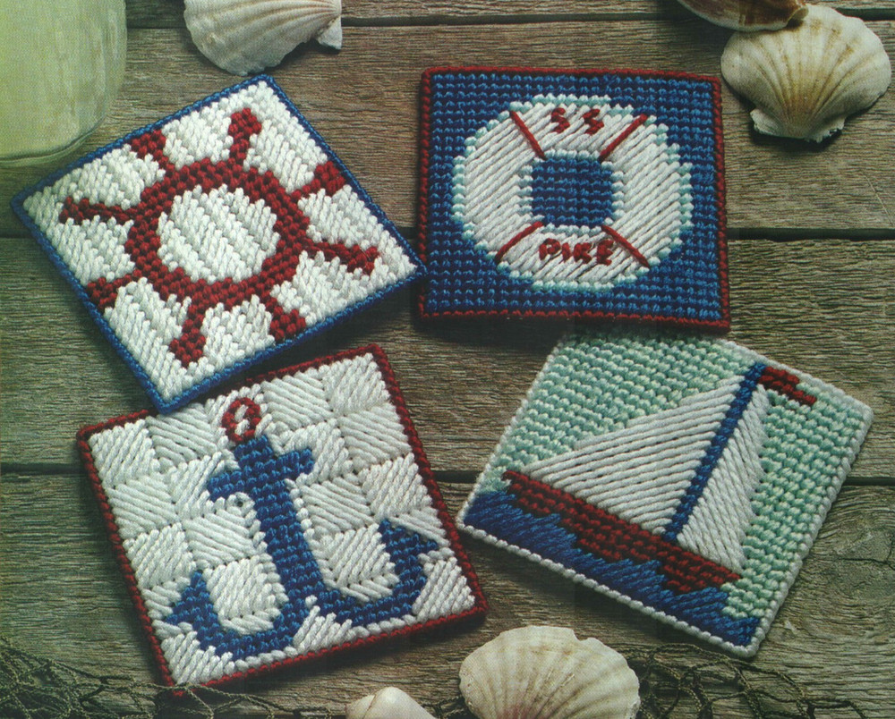 4 NAUTICAL COASTERS BOAT ANCHOR HOME DECOR PLASTIC CANVAS PATTERN INSTRUCTIONS