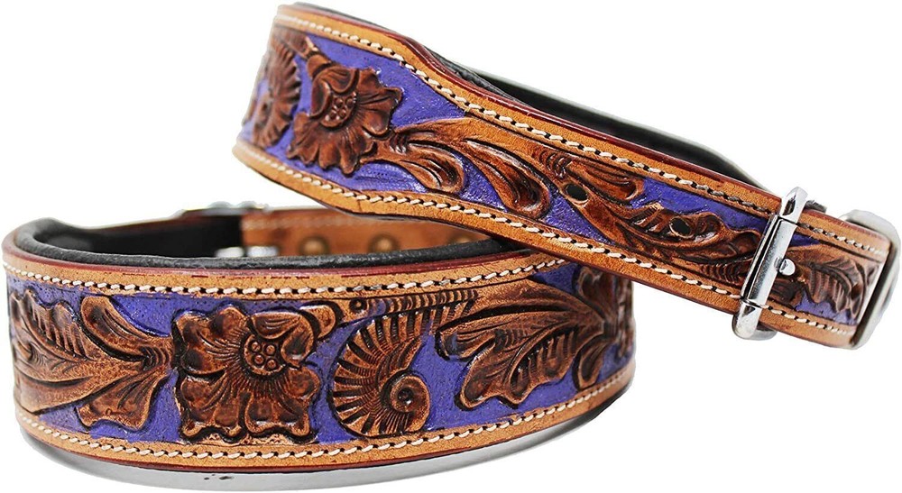 Heavy Duty Western Styled Leather Dog Collar Hand Tooled Floral Pattern.