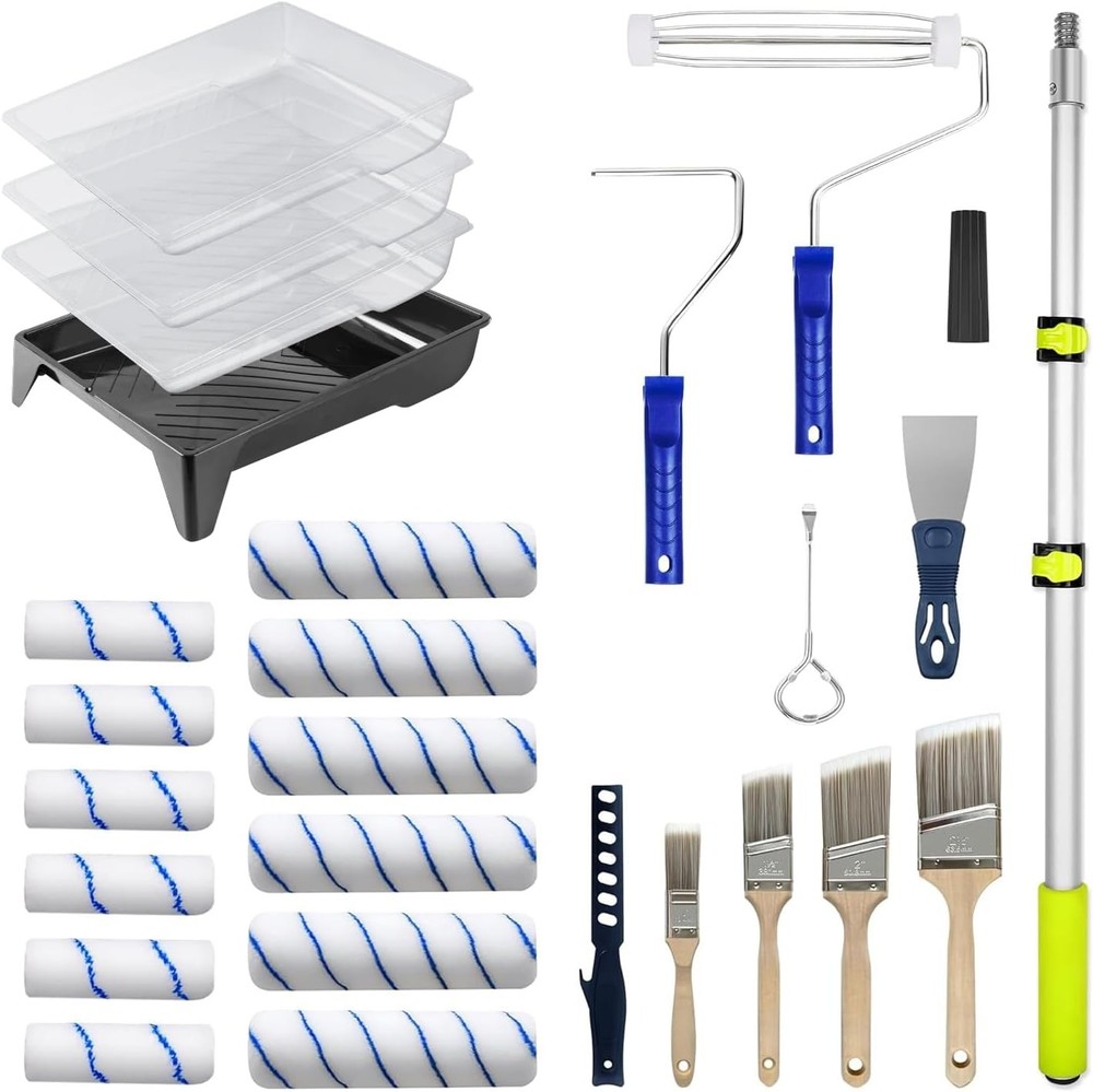 27 PCS Paint Roller Kit with Extension Pole, 4" & 9" Paint Rollers, Professional