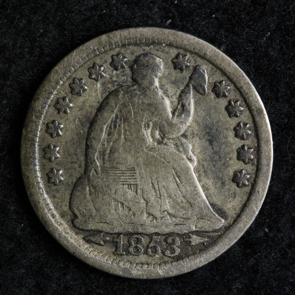 1853 ARROWS Seated Liberty Silver Half Dime FINE E161 GRCP