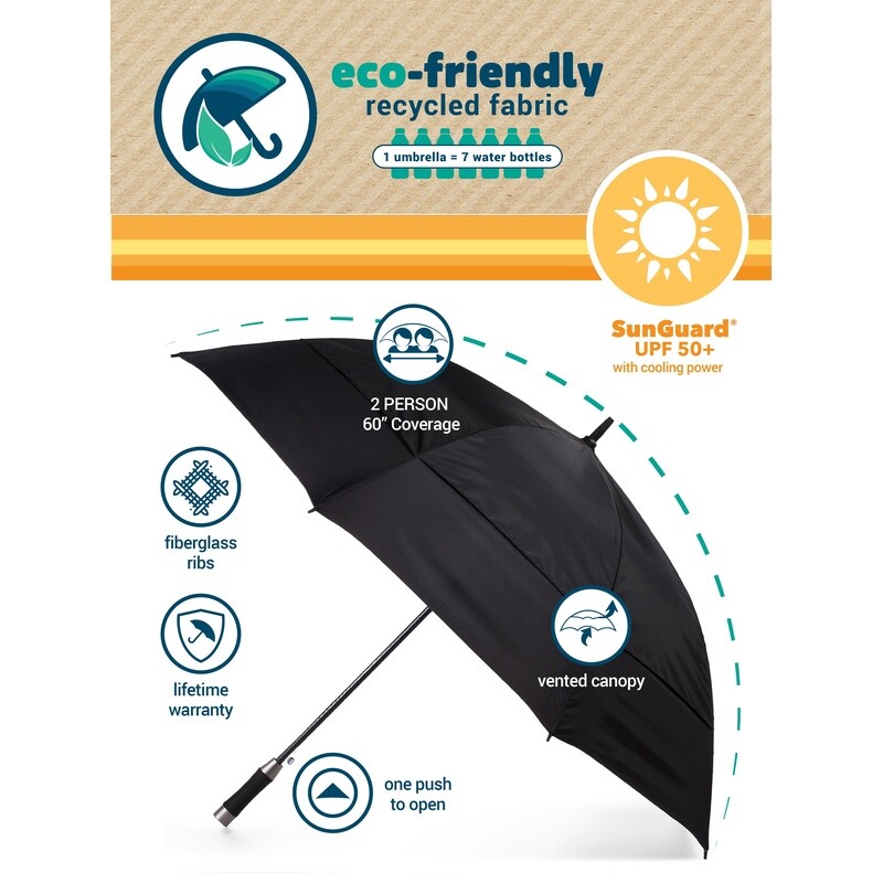 Vented Auto Open Golf Umbrella 60 Inch Canopy Eco Friendly Long Handled Durable