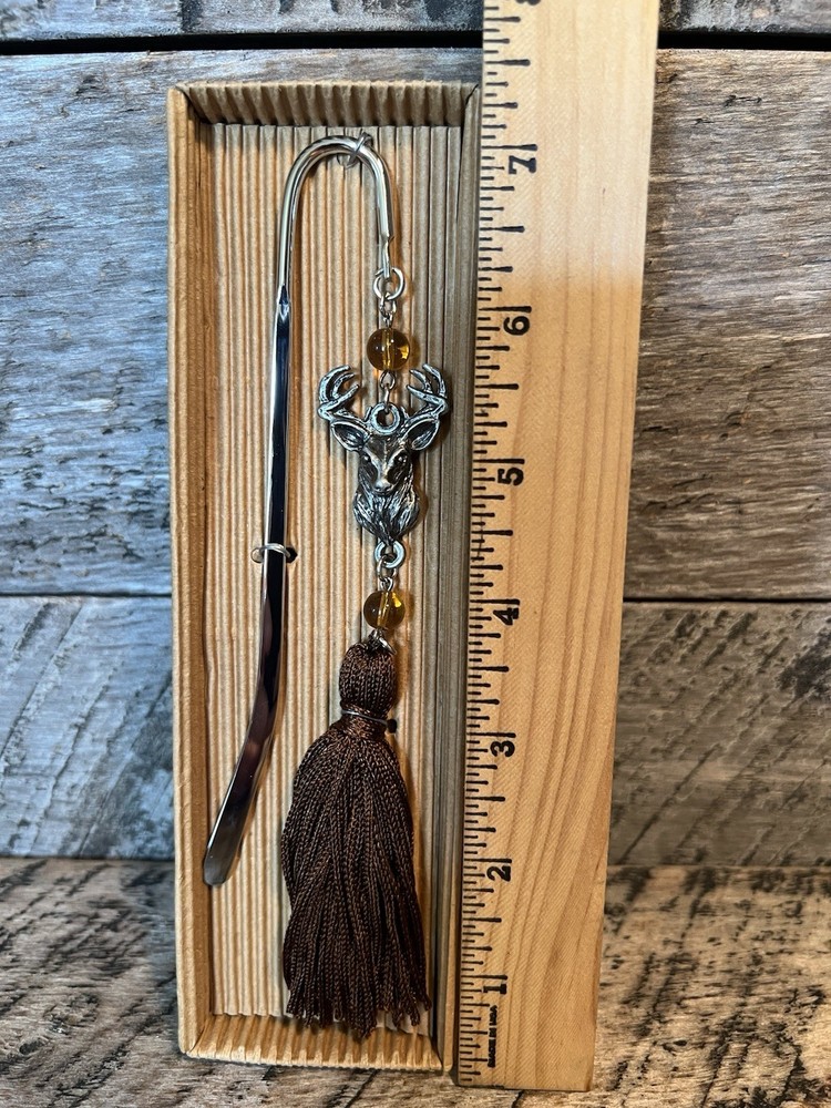 Tasseled Pewter Bookmark Metal on Box Book Decor