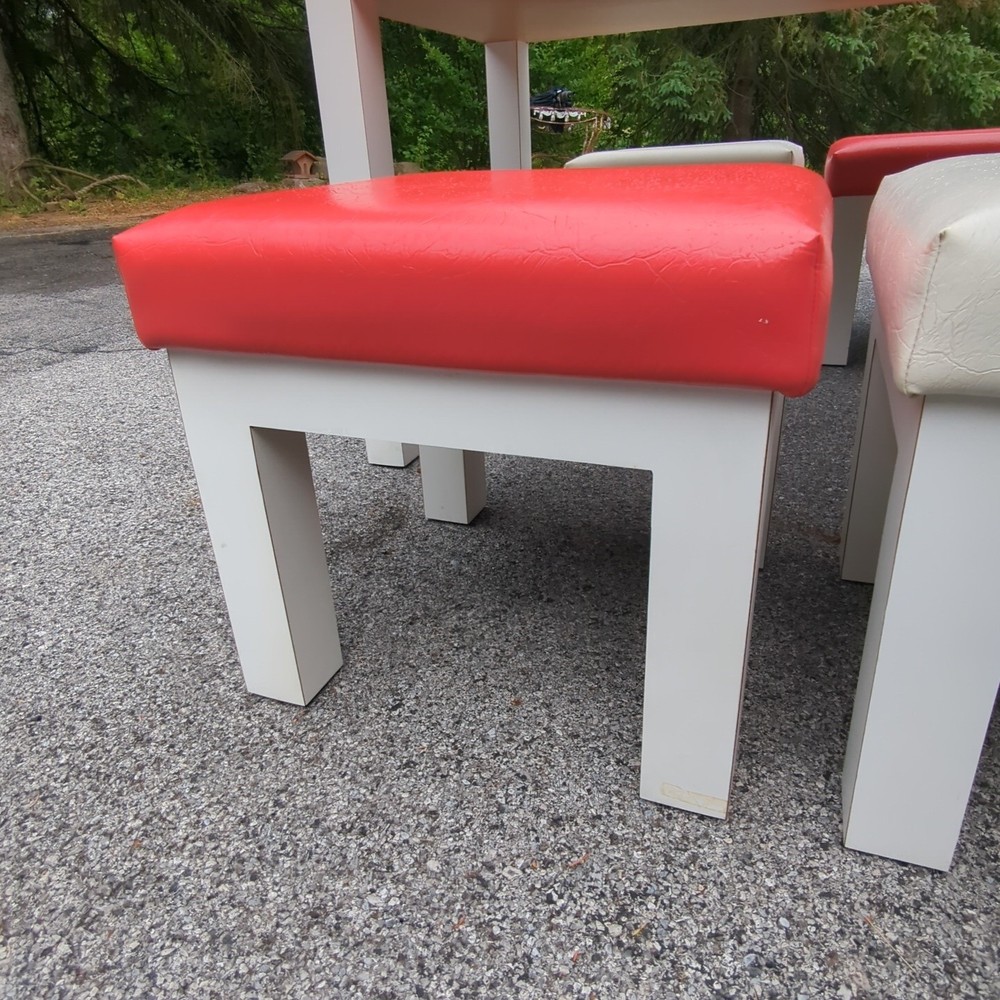 Vintage 80s Postmodern Laminate Parsons Table with 4 Upholstered Stools