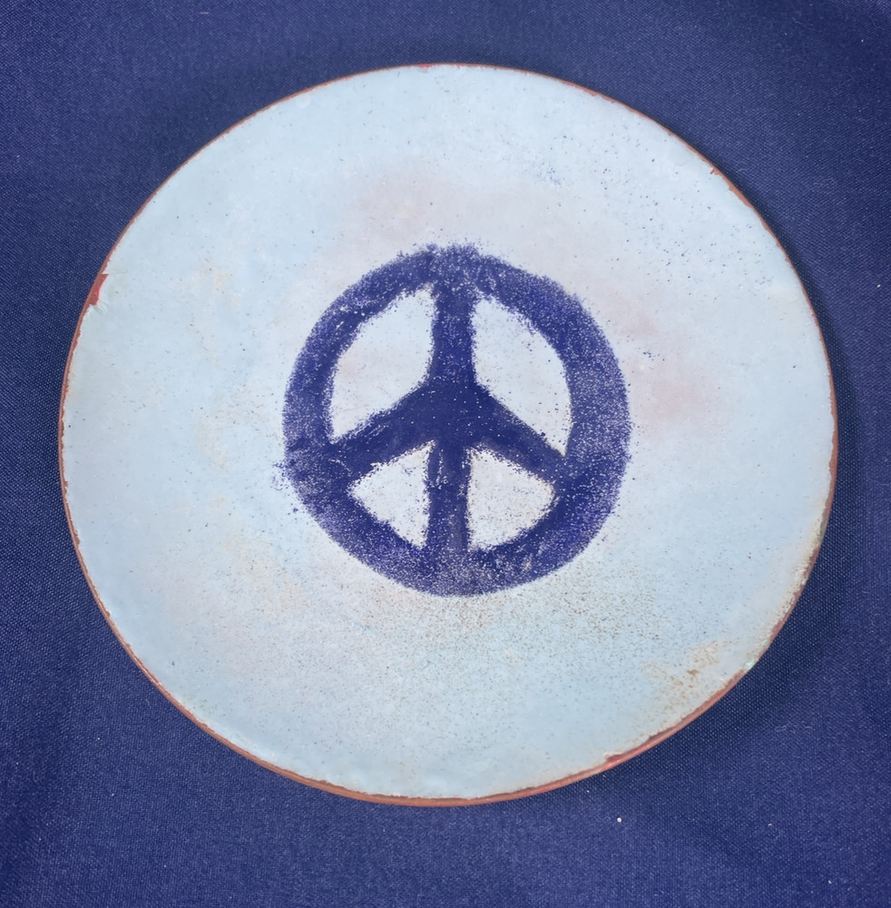 Blue Enamel Over Copper Peace Sign Dish Signed