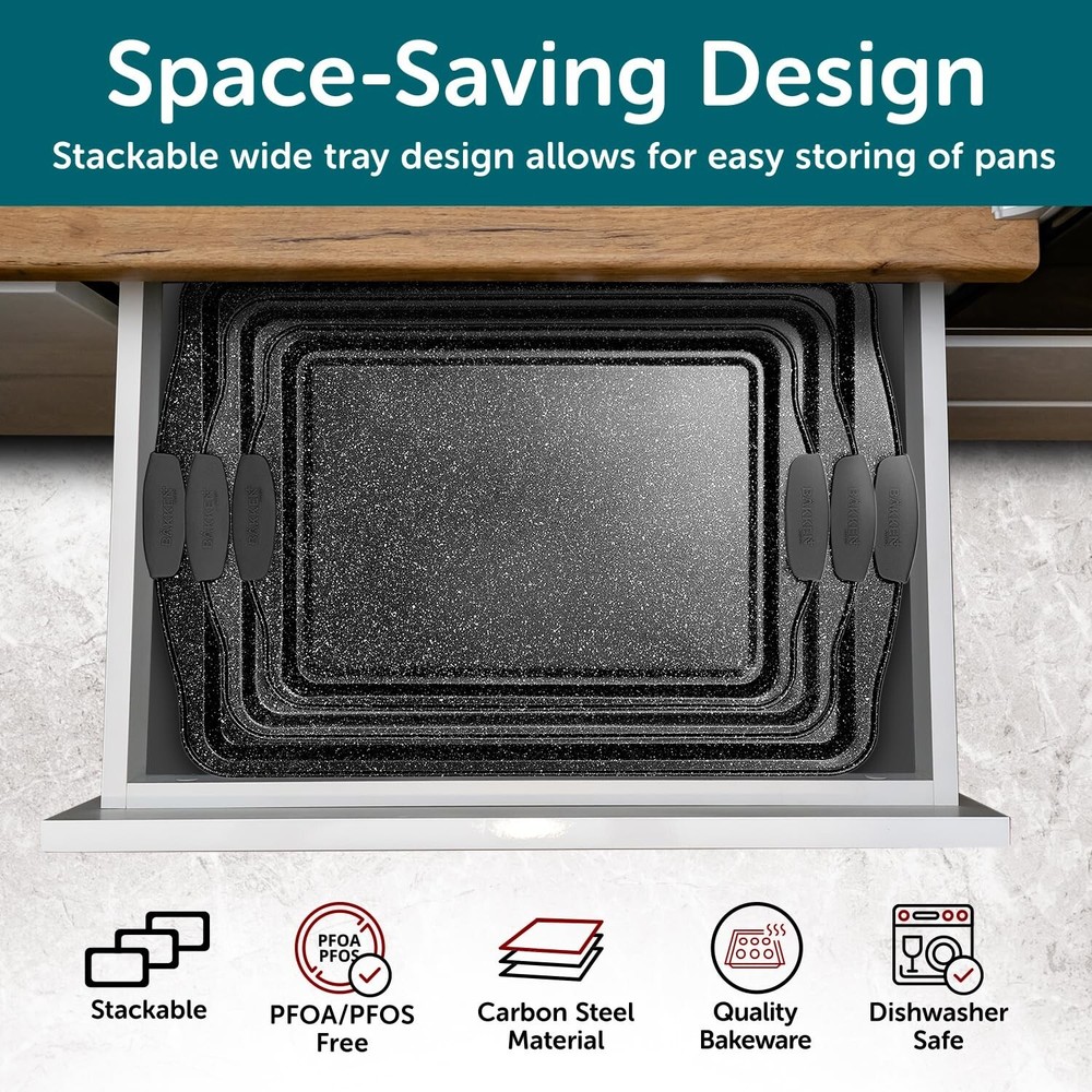 BAKKEN Cookie Sheets for Baking Nonstick Set - 3-Piece Stackable Carbon Steel...