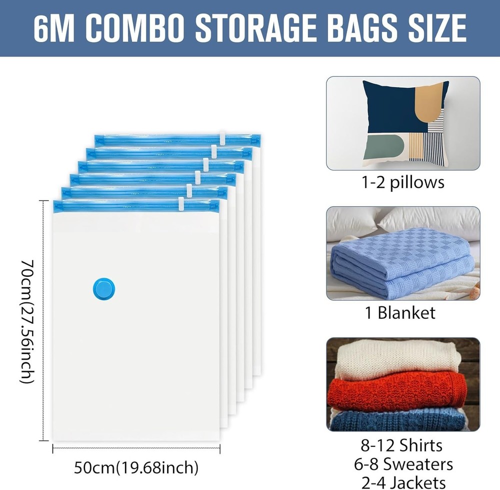 Transparent Compression Bags with Pump - 6 Medium Storage Solutions for Clothing