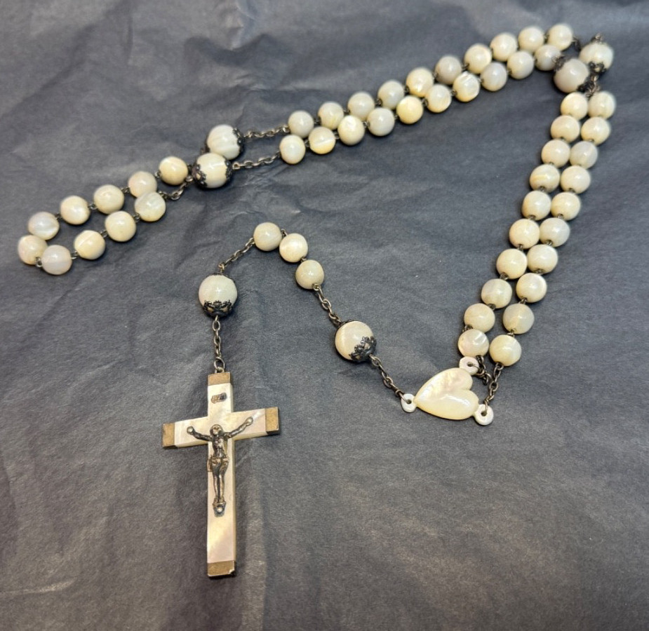 Victorian Big Rosary Filigree Silver MOP Mother Of Pearl Communion 2'' Crucifix