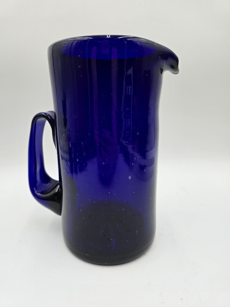 Hand Blown Cobalt Blue Glass Pitcher 9”
