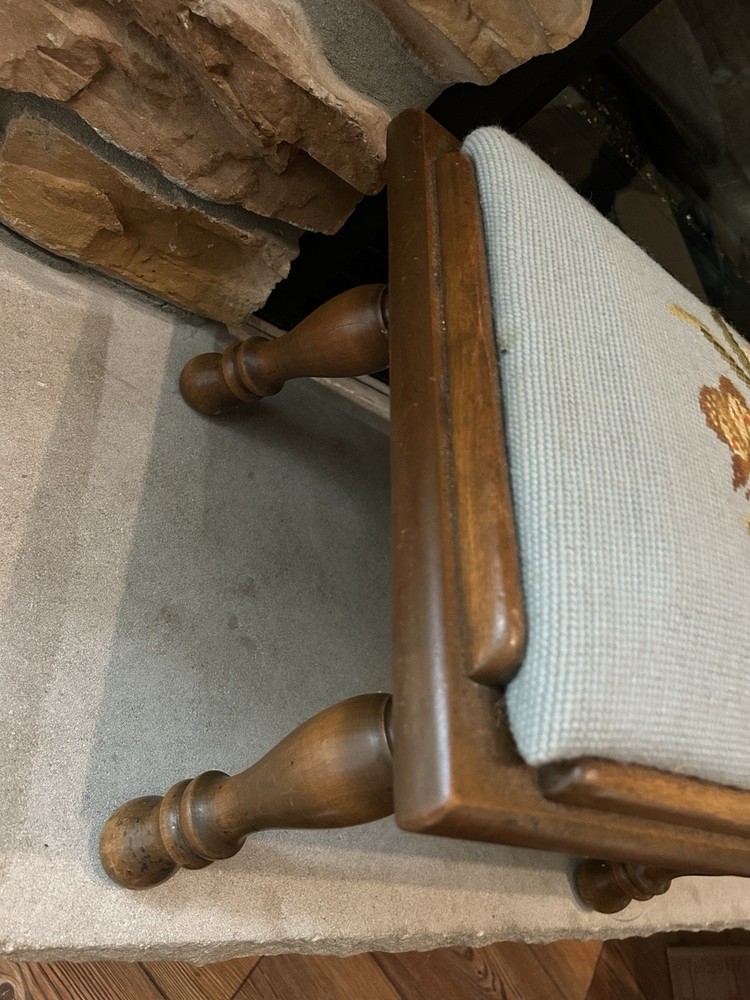 Vintage Floral Needlepoint Foot Stool Wood