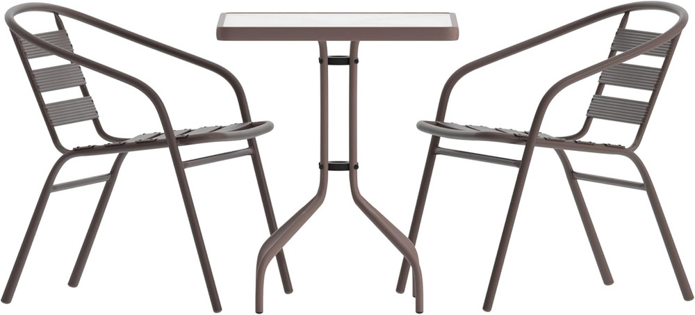 Lila 23.5'' Square Glass Table with 2 Bronze Slat Stack Chairs Set