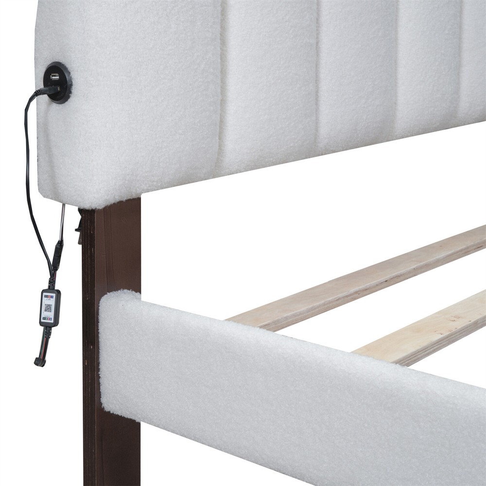 Queen Size Bed Frame Upholstered Platform Bed with Drawers White/Beige/Gray US