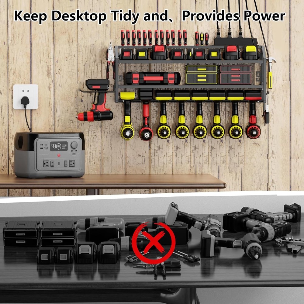 Power Tool Organizer Wall Mount with Charging Station, 3 Layer Storage Rack