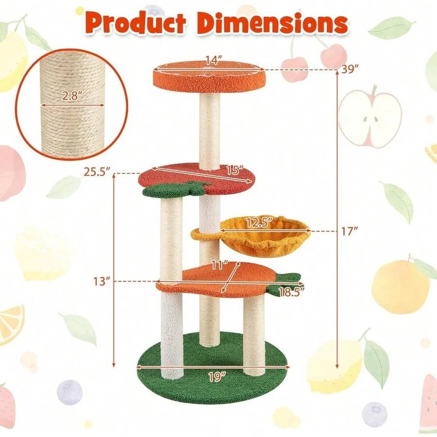 Fruit Cat Tree Multi-Level Cute Tower Sisal Scratching Posts Padded Top Perch
