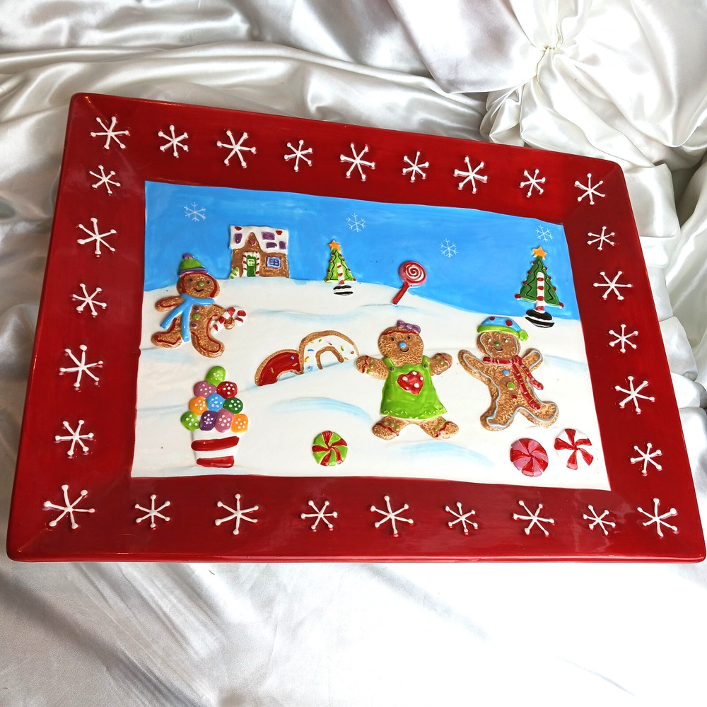 2009 ST. NICHOLAS SQUARE RECTANGULAR CERAMIC PLATTER-GINGERBREAD  16.5 X 12.5