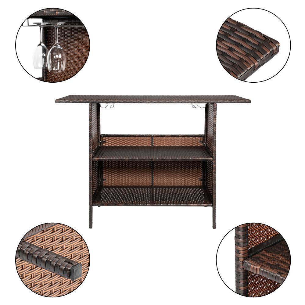 Rattan Wicker Bar Counter Table Patio Dining Table Double Layer Storage Brown
